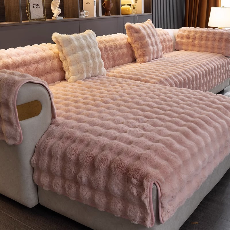 Faux Fur Couch Cover Non-Slip Bubble Plush for Sectionals