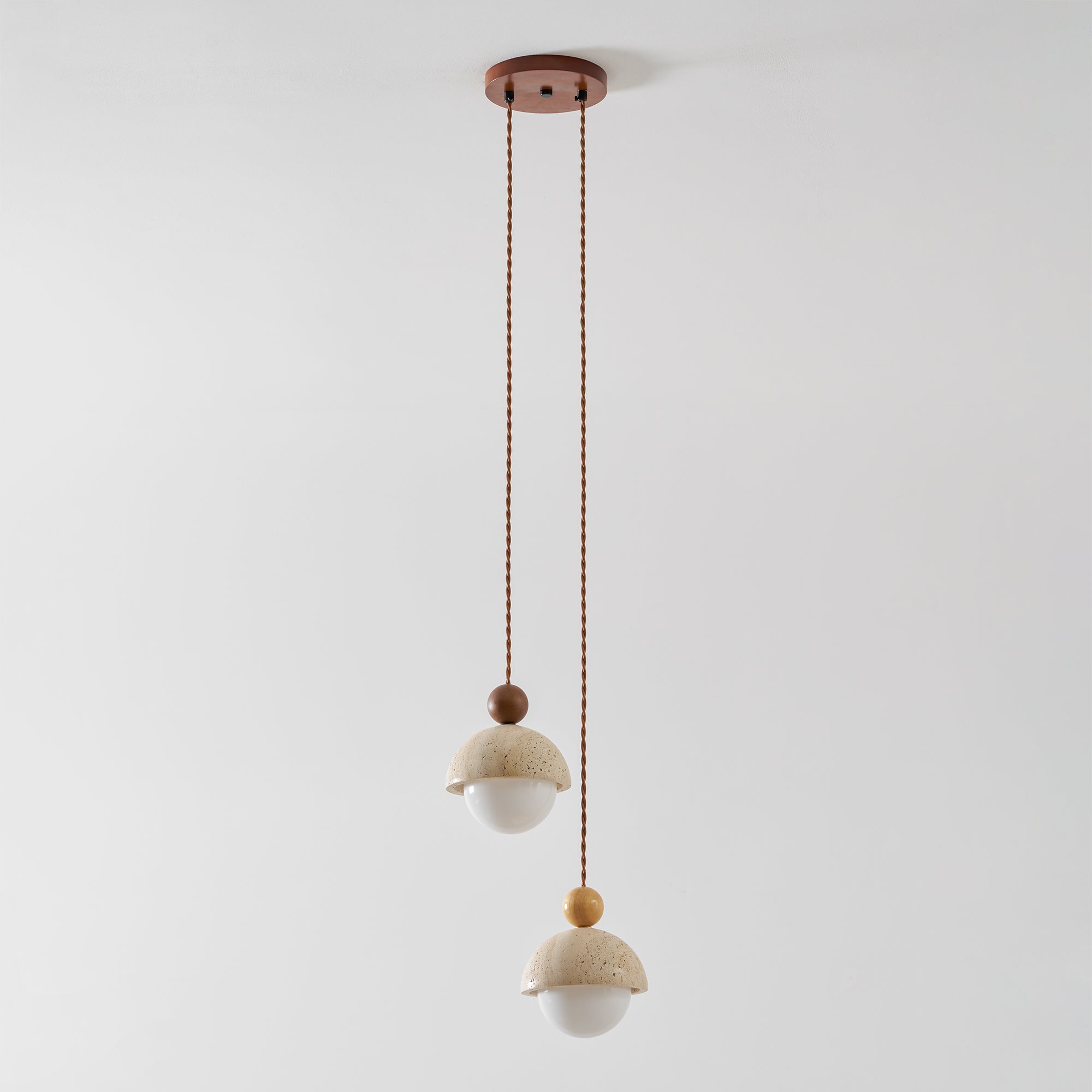 Travertine Pendant Light with Glass Globe and Wood Accent Kitchen Island
