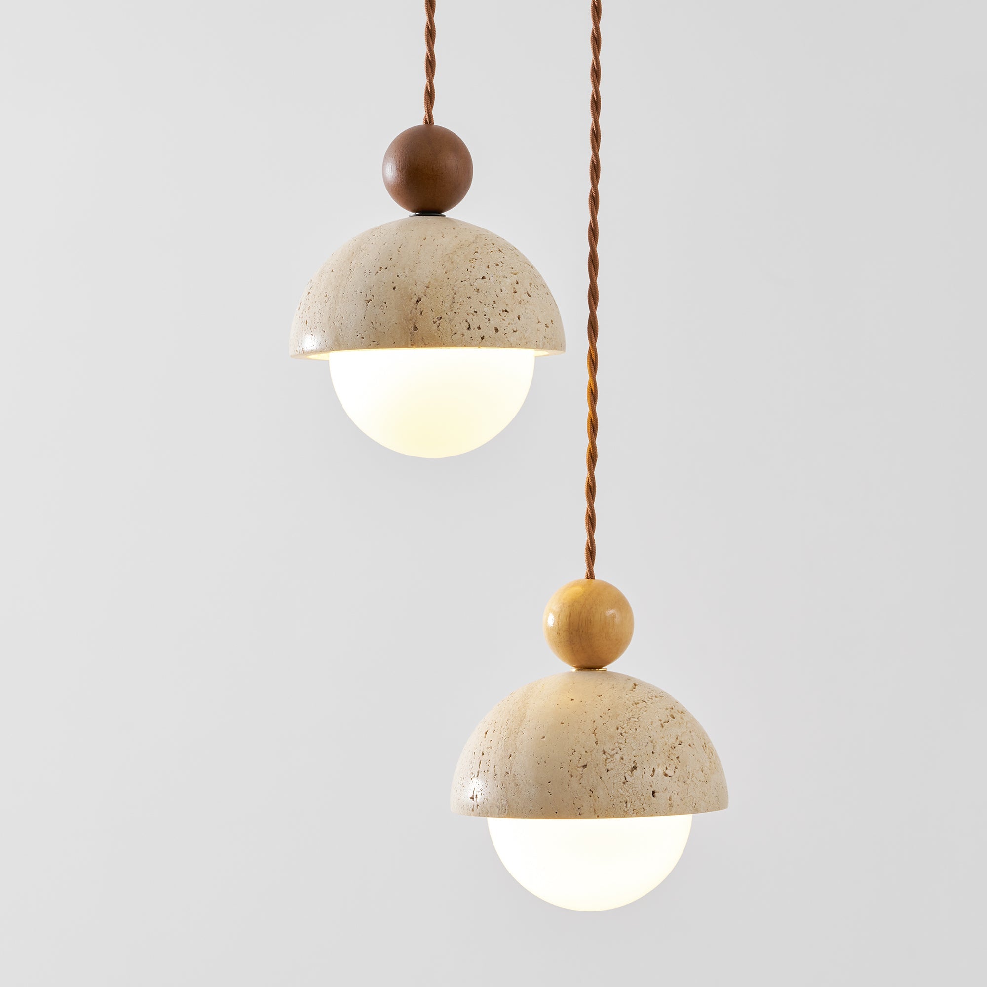 Travertine Pendant Light with Glass Globe and Wood Accent Kitchen Island