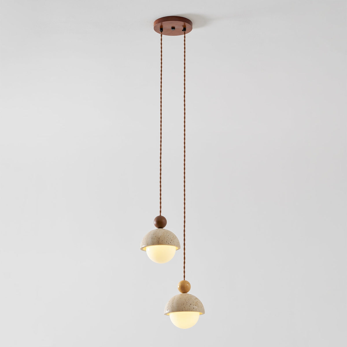 Travertine Pendant Light with Glass Globe and Wood Accent Kitchen Island