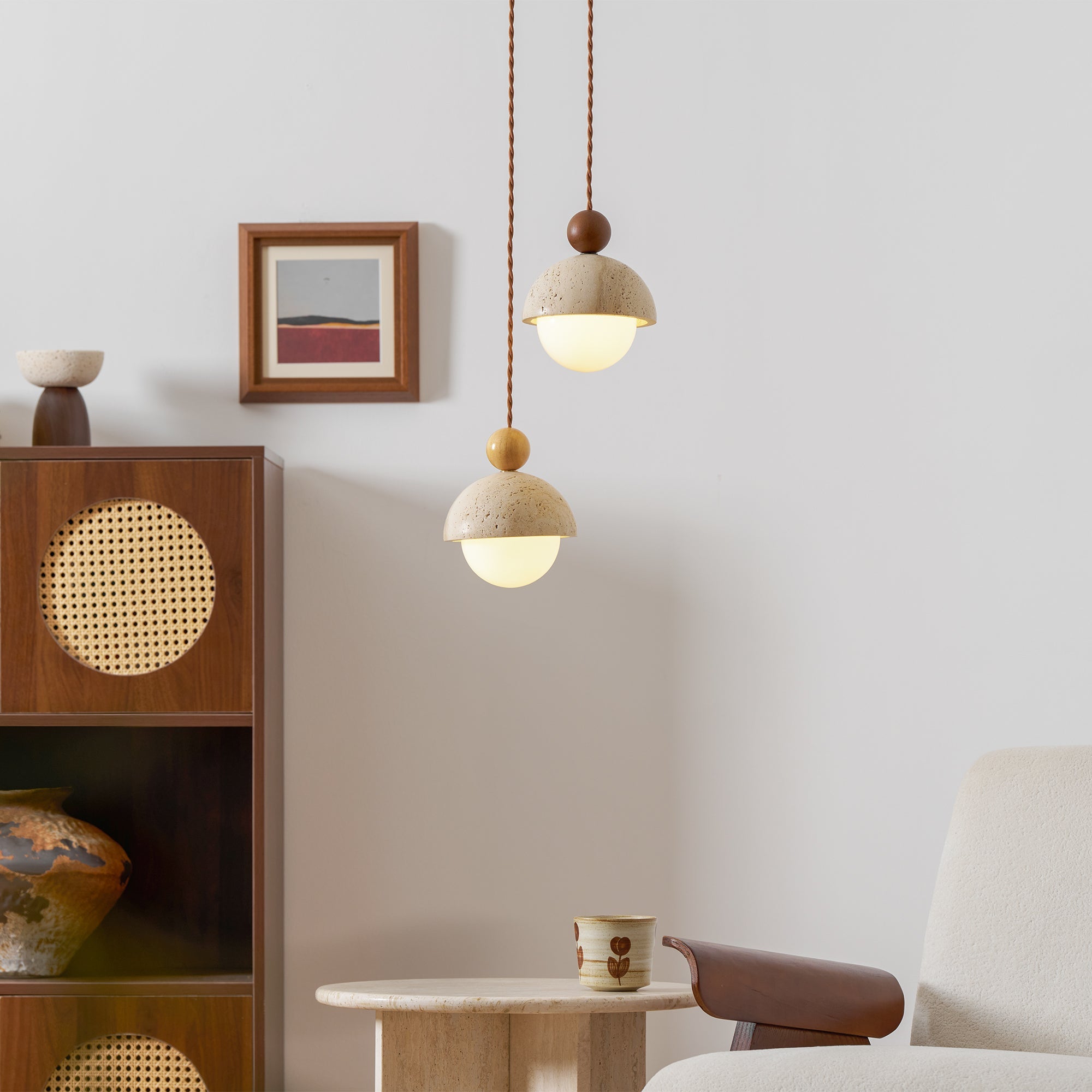 Travertine Pendant Light with Glass Globe and Wood Accent Kitchen Island