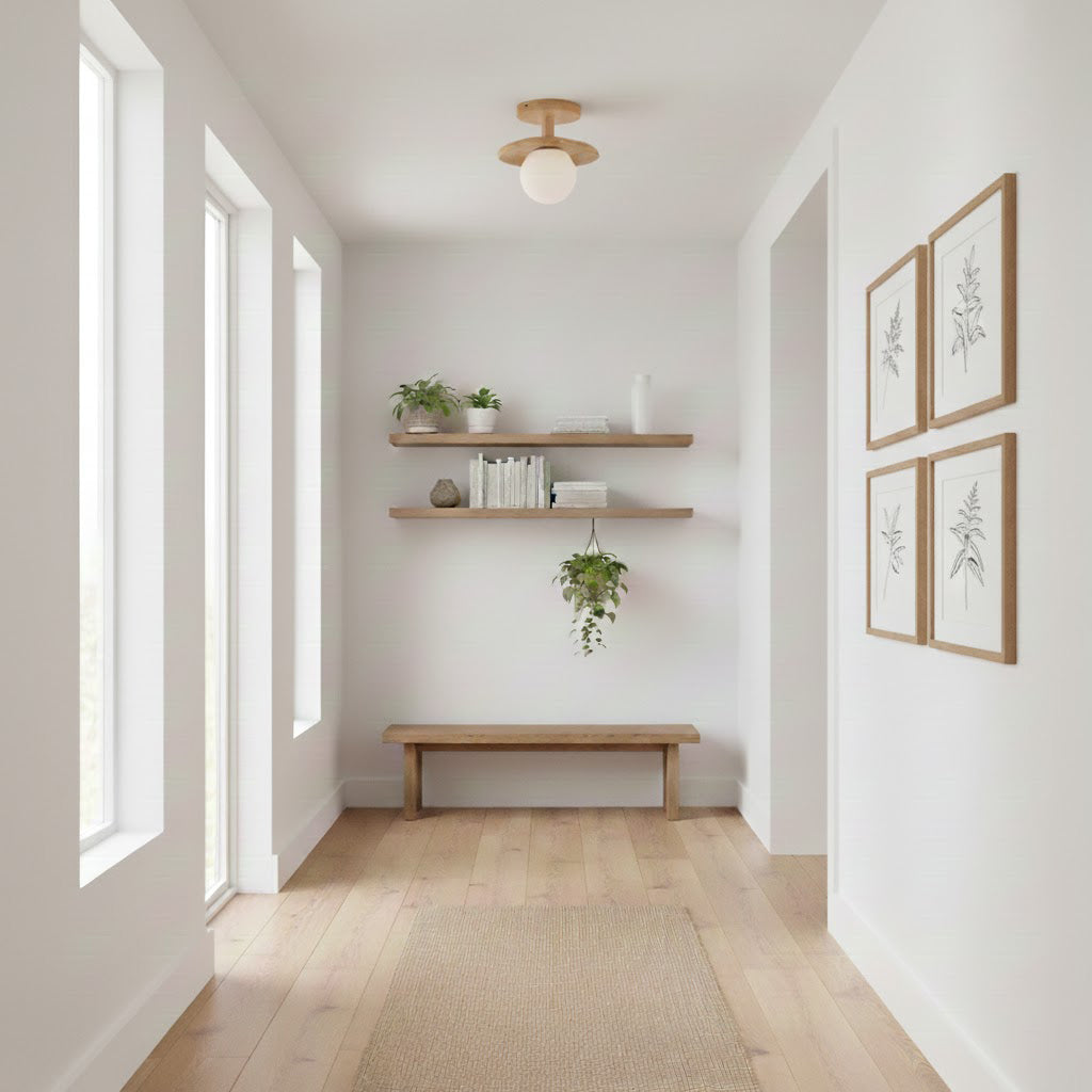Low Profile Flush Mount Ceiling Light Ash Wood and White Glass Hallway