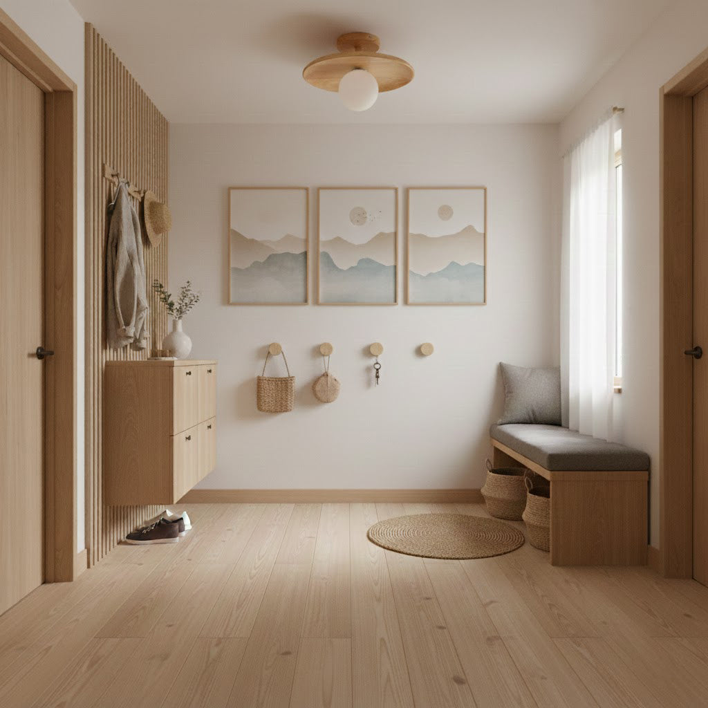 Low Profile Flush Mount Ceiling Light Ash Wood and White Glass Hallway