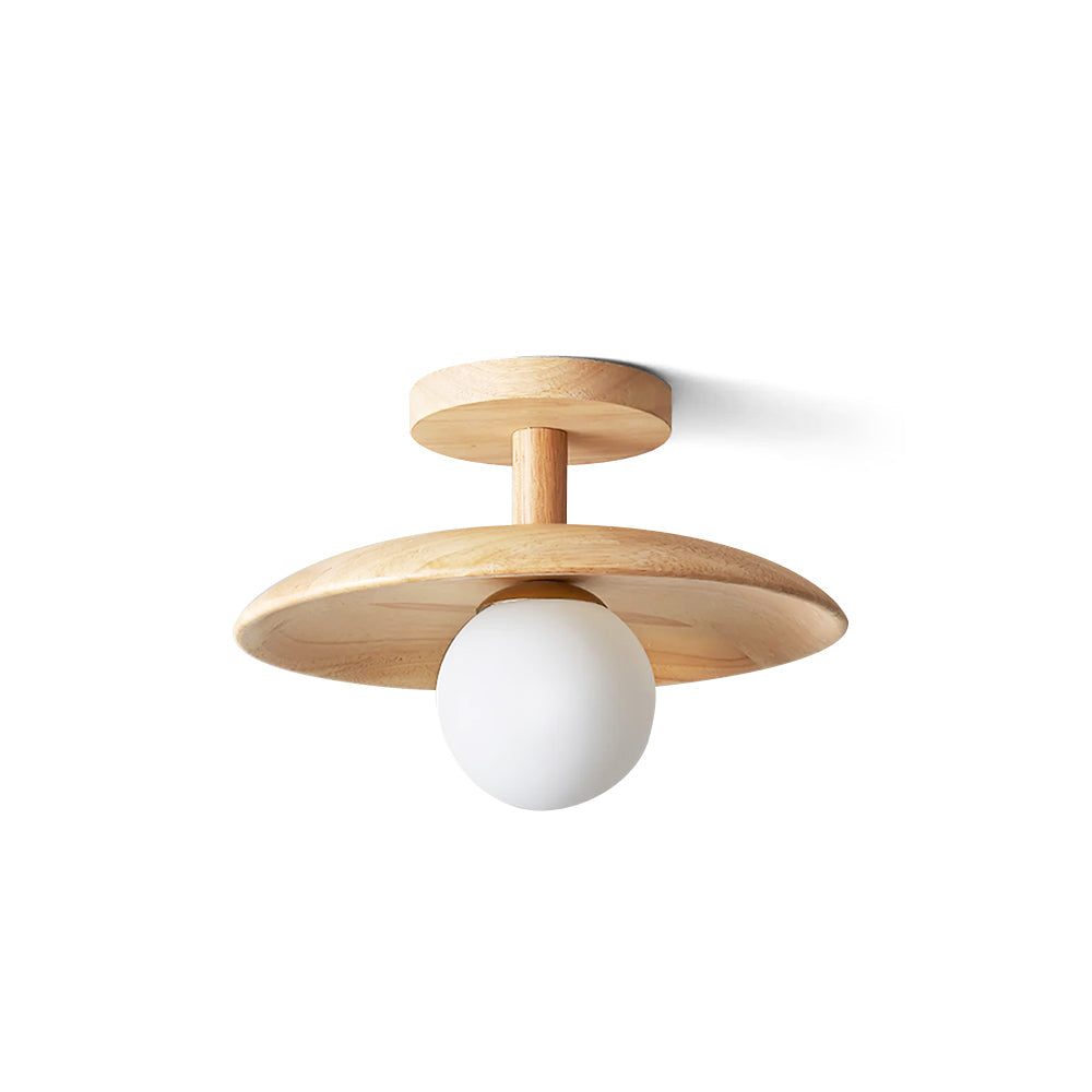 Low Profile Flush Mount Ceiling Light Ash Wood and White Glass Hallway