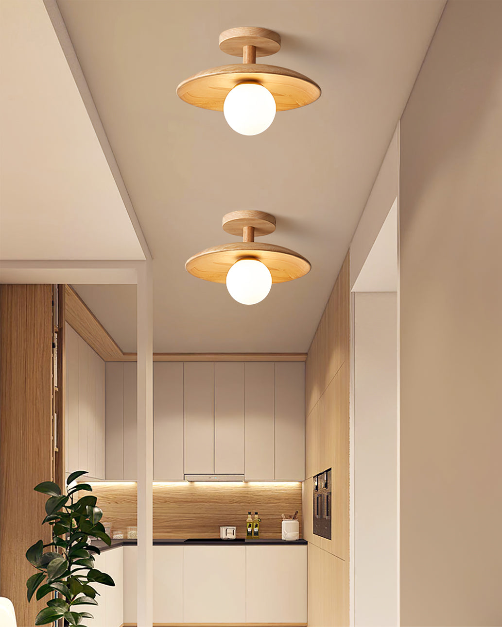 Low Profile Flush Mount Ceiling Light Ash Wood and White Glass Hallway