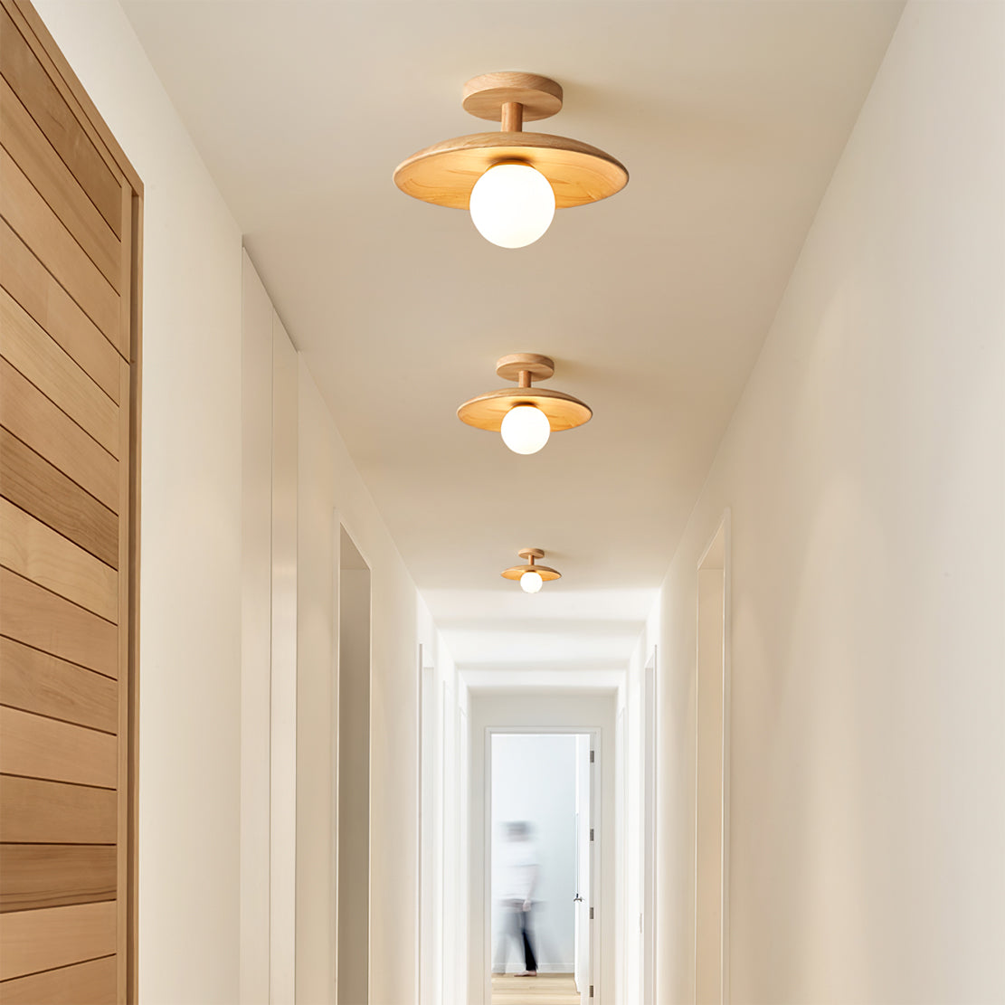 Low Profile Flush Mount Ceiling Light Ash Wood and White Glass Hallway