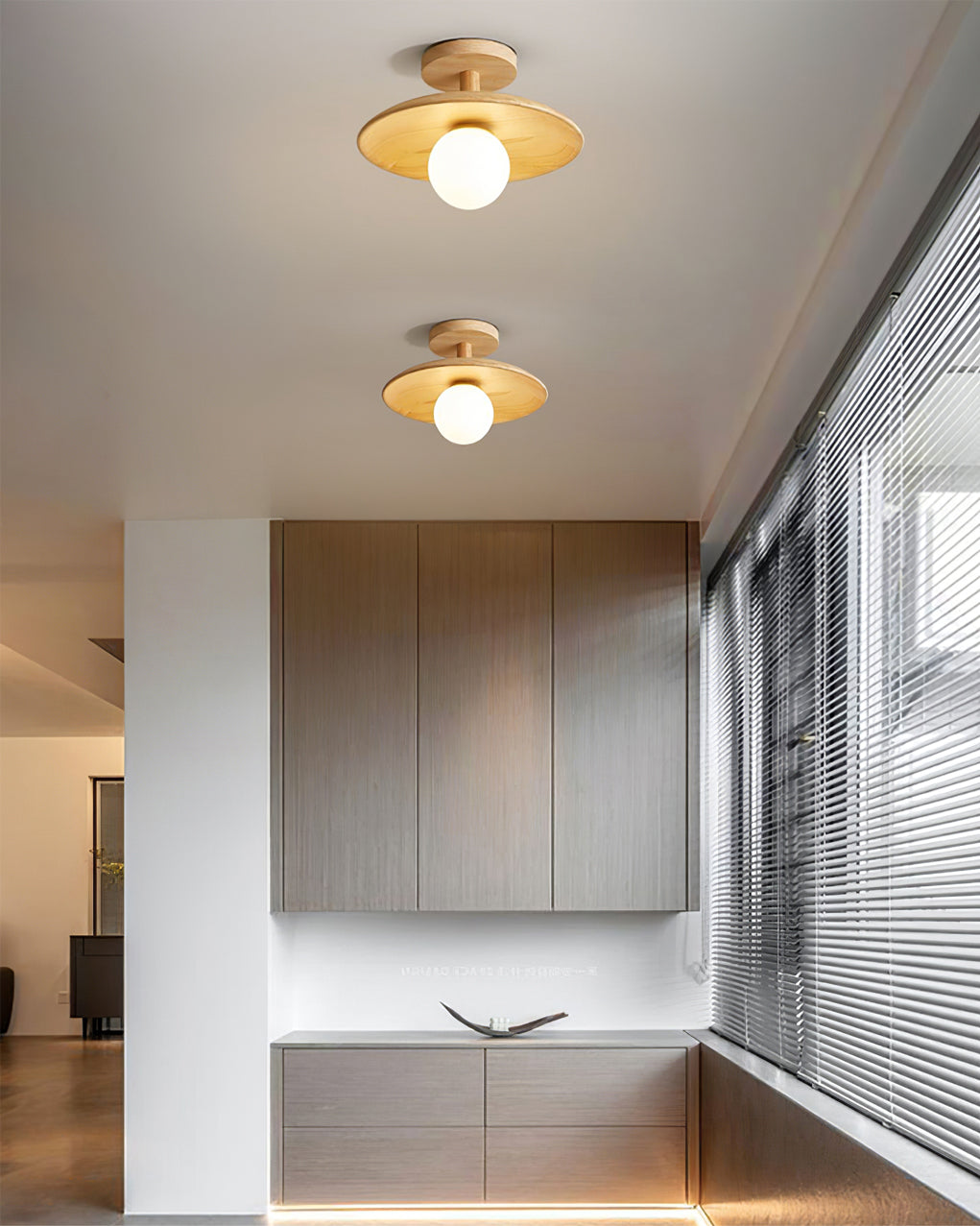 Low Profile Flush Mount Ceiling Light Ash Wood and White Glass Hallway
