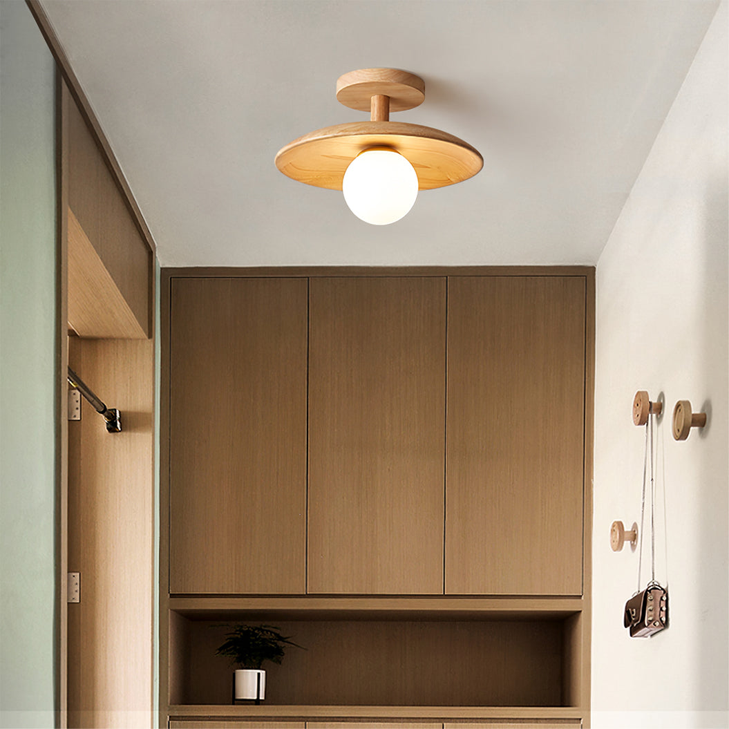 Low Profile Flush Mount Ceiling Light Ash Wood and White Glass Hallway