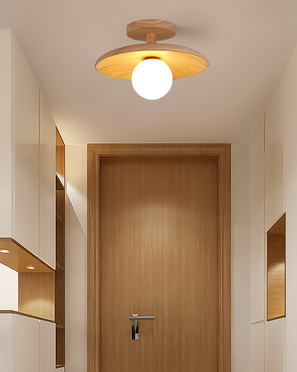 Low Profile Flush Mount Ceiling Light Ash Wood and White Glass Hallway