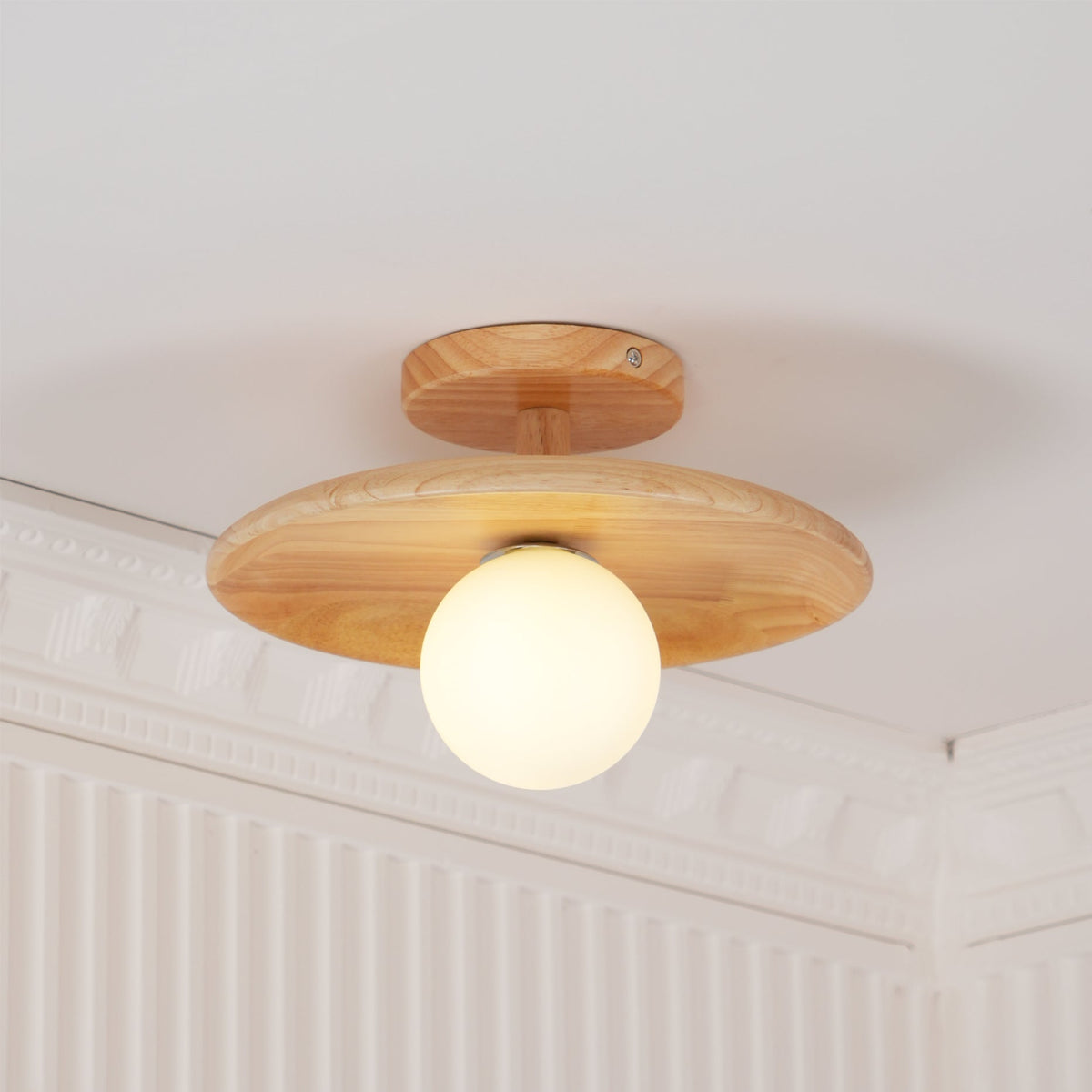 Low Profile Flush Mount Ceiling Light Ash Wood and White Glass Hallway