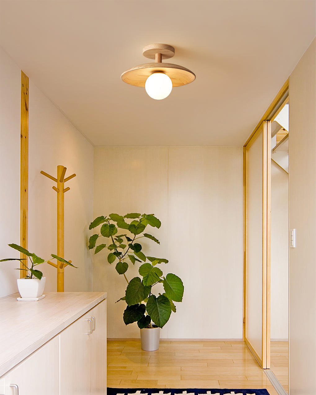 Low Profile Flush Mount Ceiling Light Ash Wood and White Glass Hallway