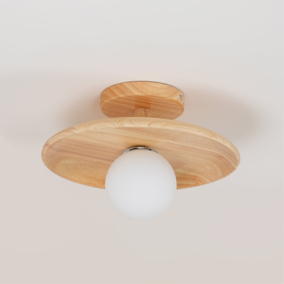 Low Profile Flush Mount Ceiling Light Ash Wood and White Glass Hallway