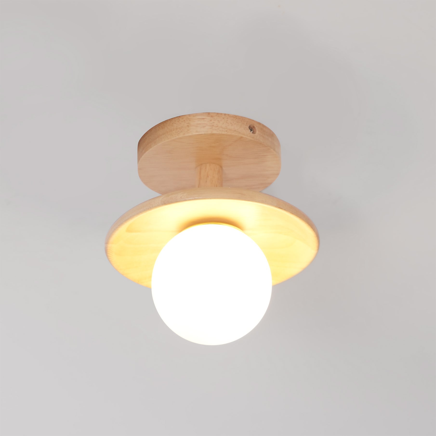 Low Profile Flush Mount Ceiling Light Ash Wood and White Glass Hallway