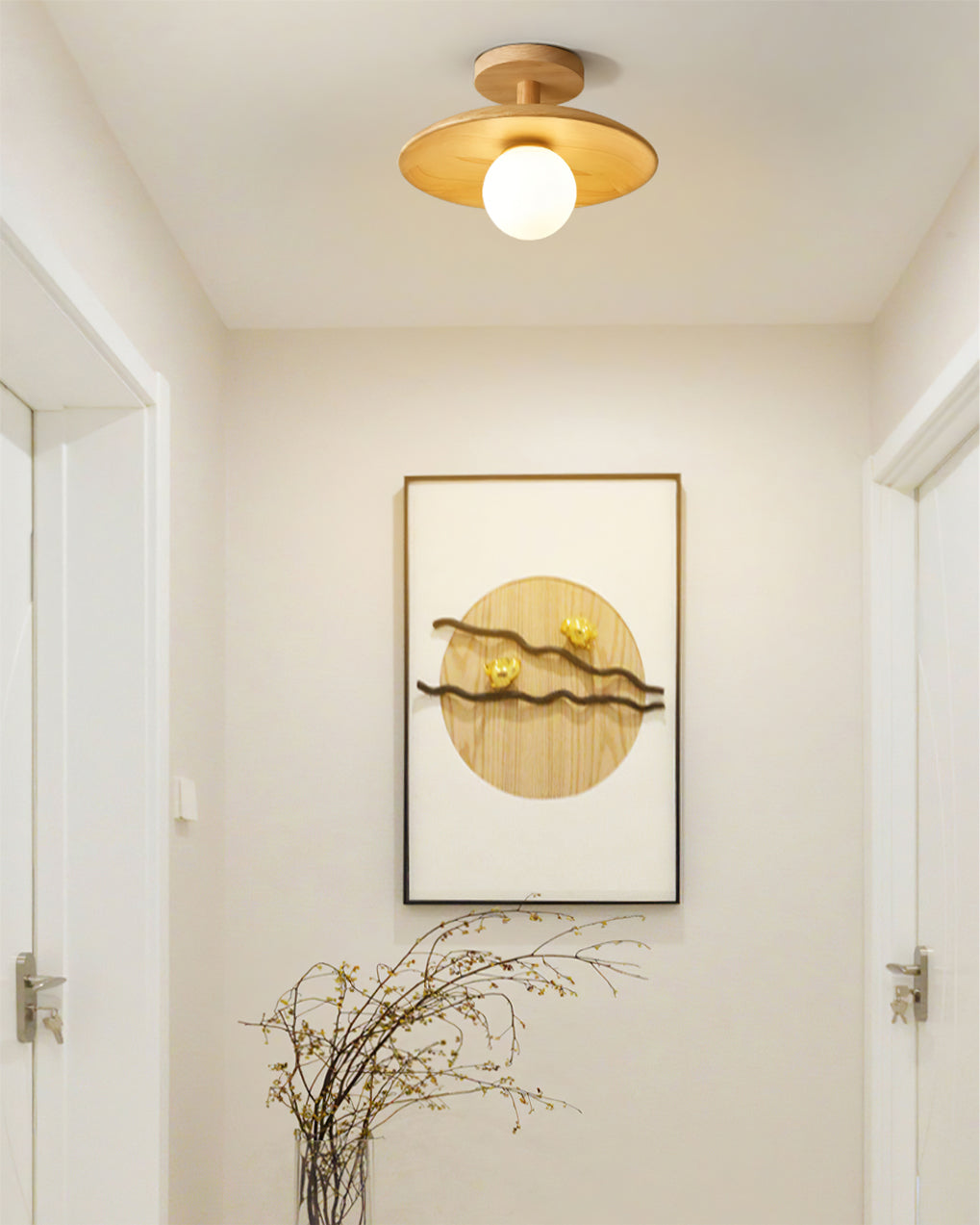 Low Profile Flush Mount Ceiling Light Ash Wood and White Glass Hallway