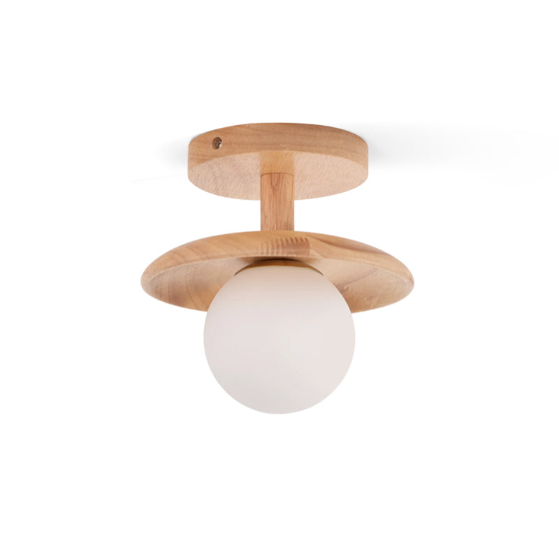 Low Profile Flush Mount Ceiling Light Ash Wood and White Glass Hallway