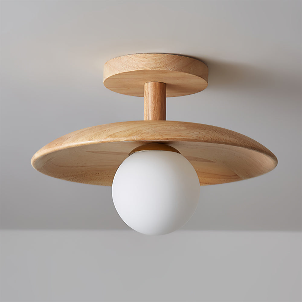 Low Profile Flush Mount Ceiling Light Ash Wood and White Glass Hallway