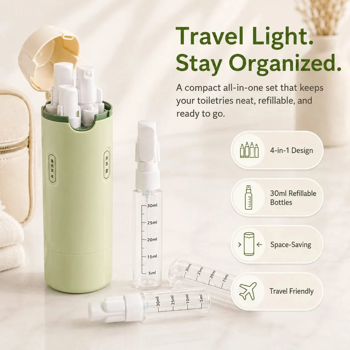 4 in 1 Travel Bottle Refillable Leak Proof Toiletry Dispenser
