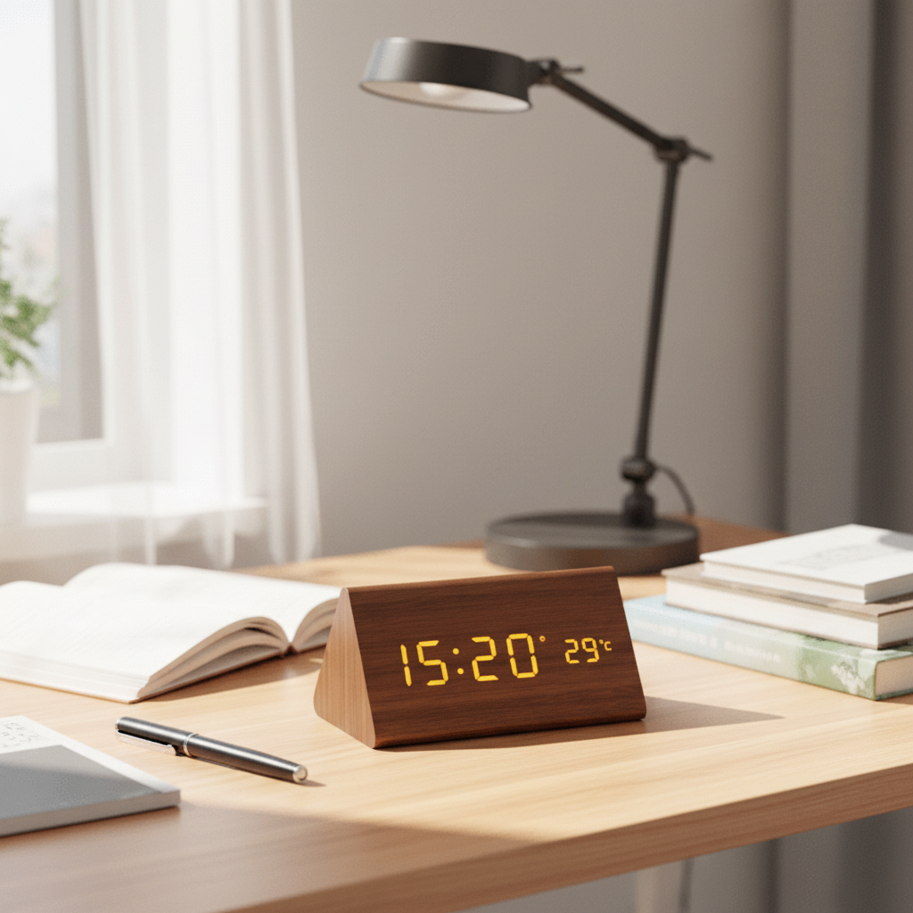 Rectangular digital alarm clock in wood look with LED and temperature display