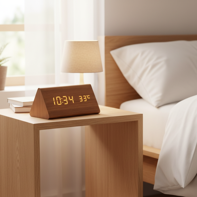 Rectangular digital alarm clock in wood look with LED and temperature display