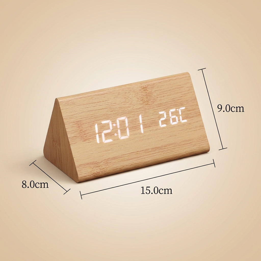 Rectangular digital alarm clock in wood look with LED and temperature display