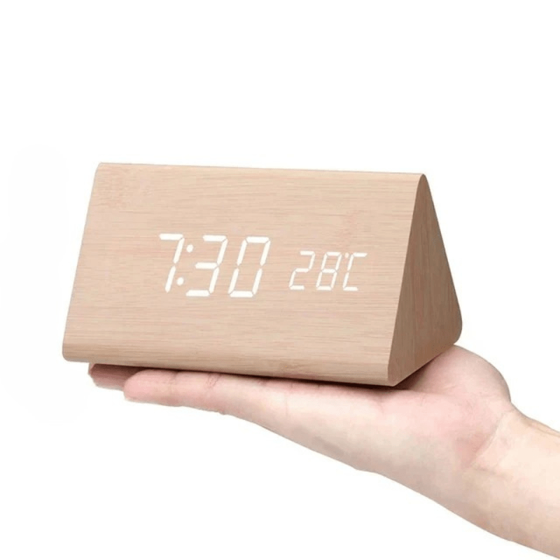 Rectangular digital alarm clock in wood look with LED and temperature display