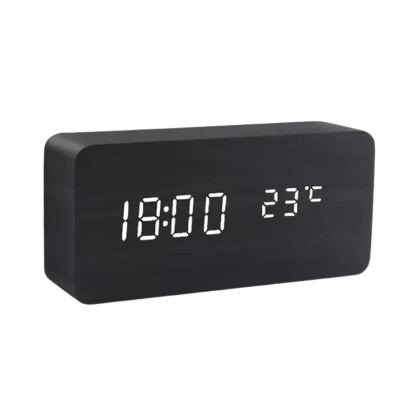 Rectangular digital alarm clock in wood look with LED and temperature display