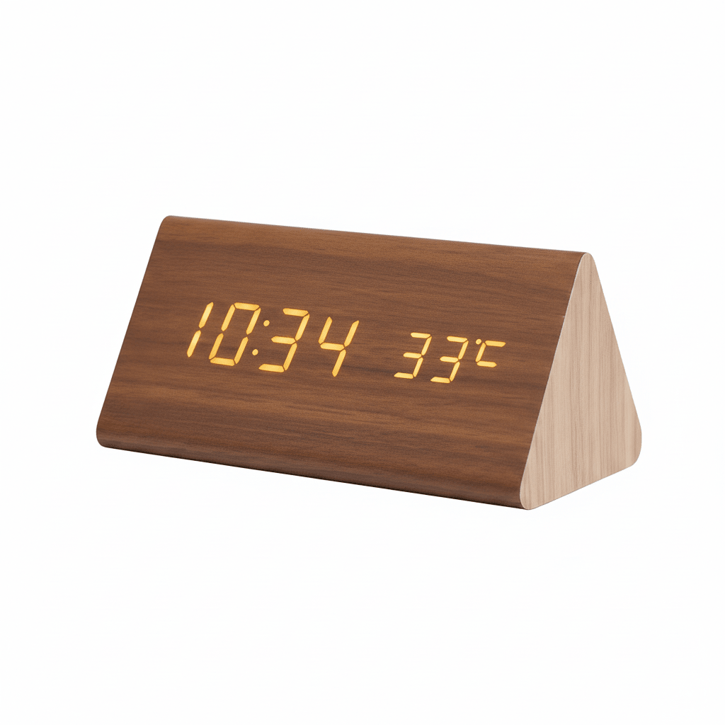 Rectangular digital alarm clock in wood look with LED and temperature display
