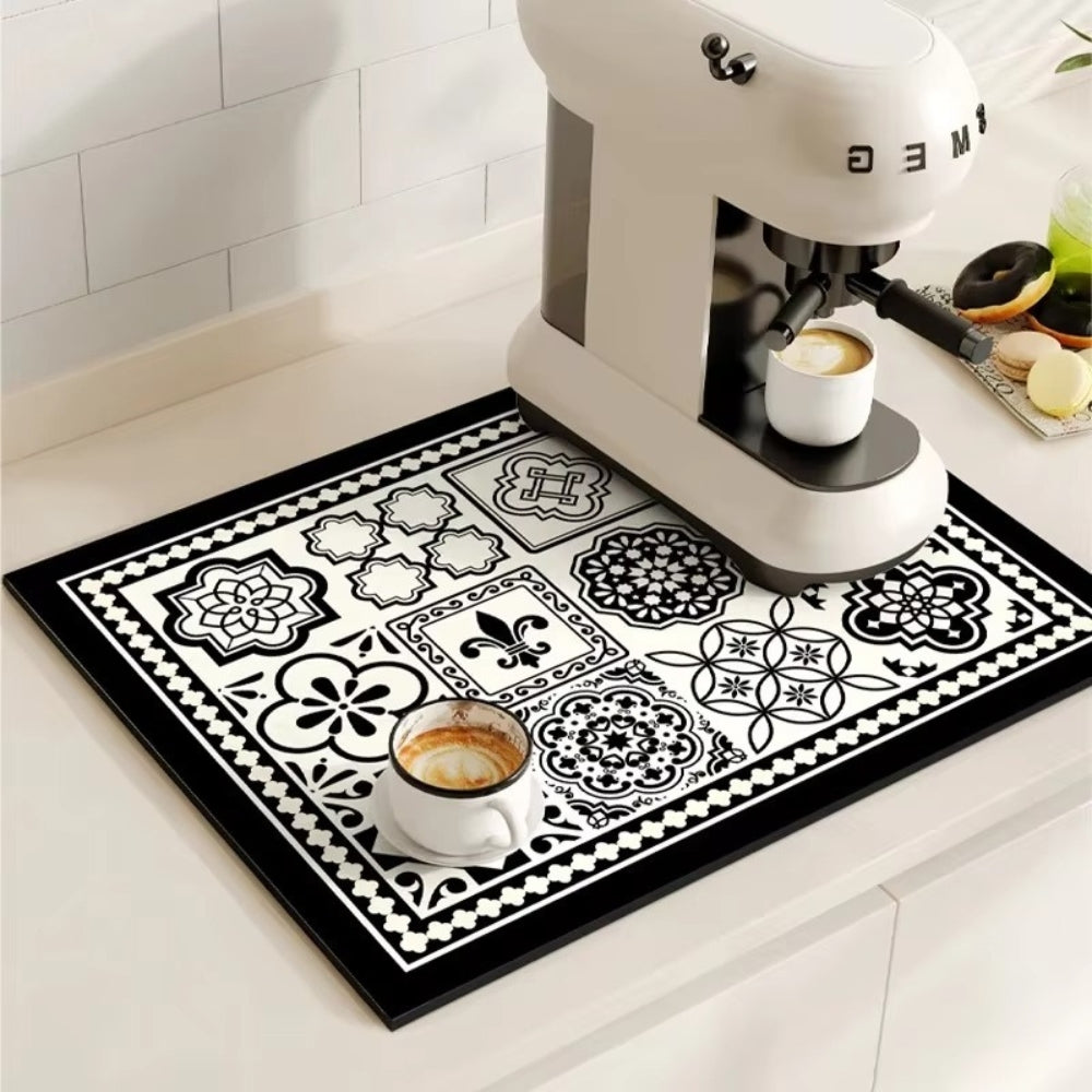 Absorbent Coffee Bar Mat with Retro Tile Print and Rubber Backing