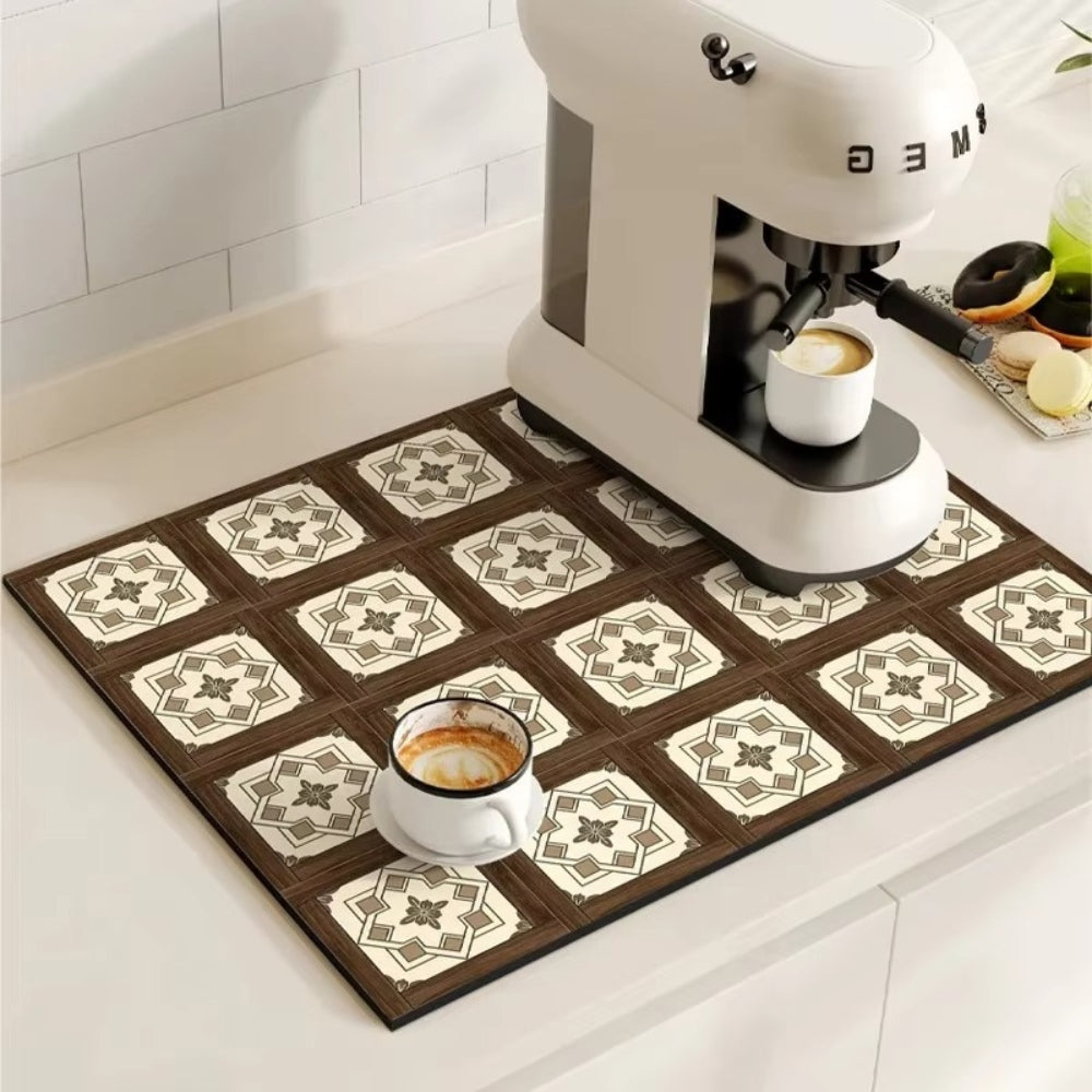 Absorbent Coffee Bar Mat with Retro Tile Print and Rubber Backing