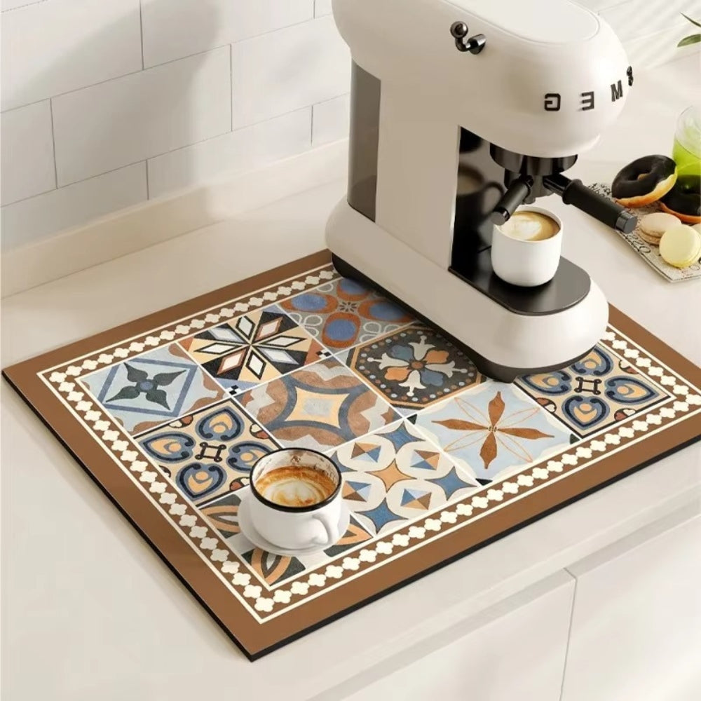 Absorbent Coffee Bar Mat with Retro Tile Print and Rubber Backing