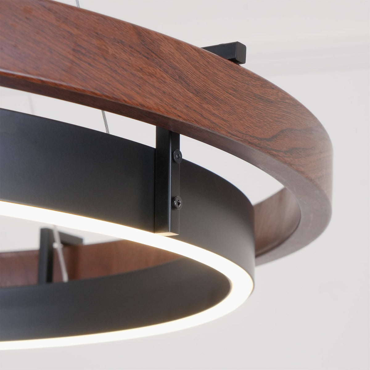 Double Ring LED Chandelier Walnut Finish Integrated Light Dining Room