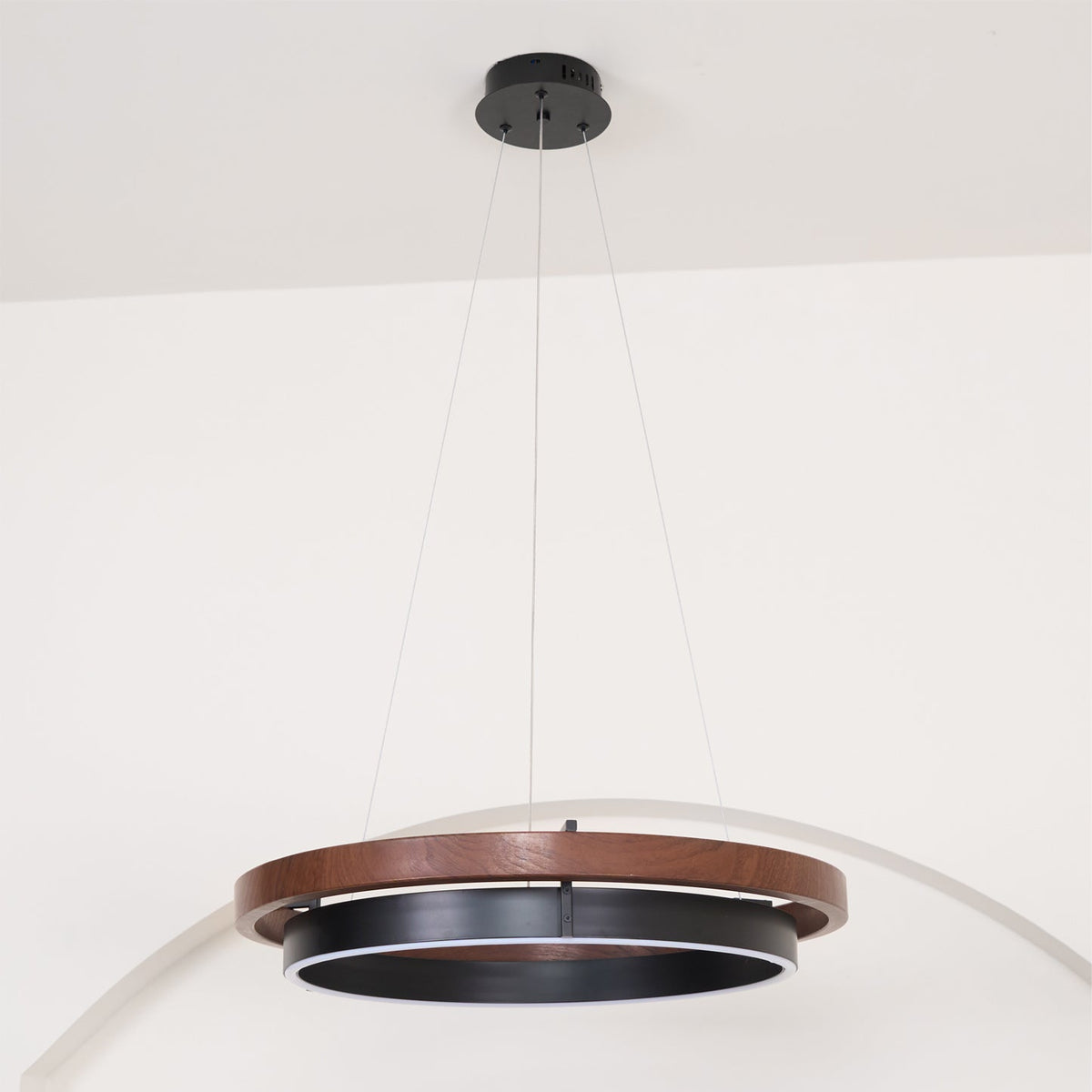 Double Ring LED Chandelier Walnut Finish Integrated Light Dining Room