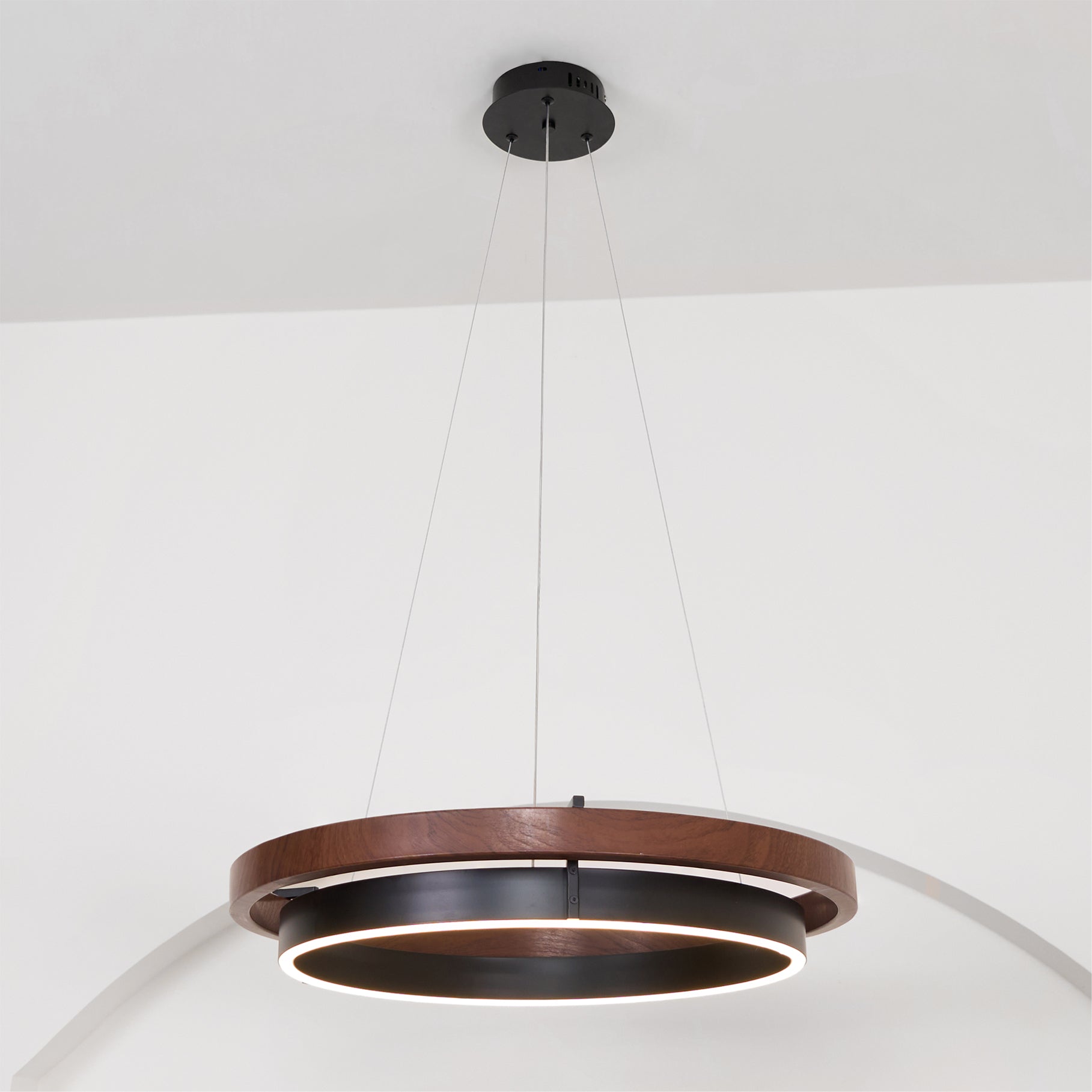 Double Ring LED Chandelier Walnut Finish Integrated Light Dining Room