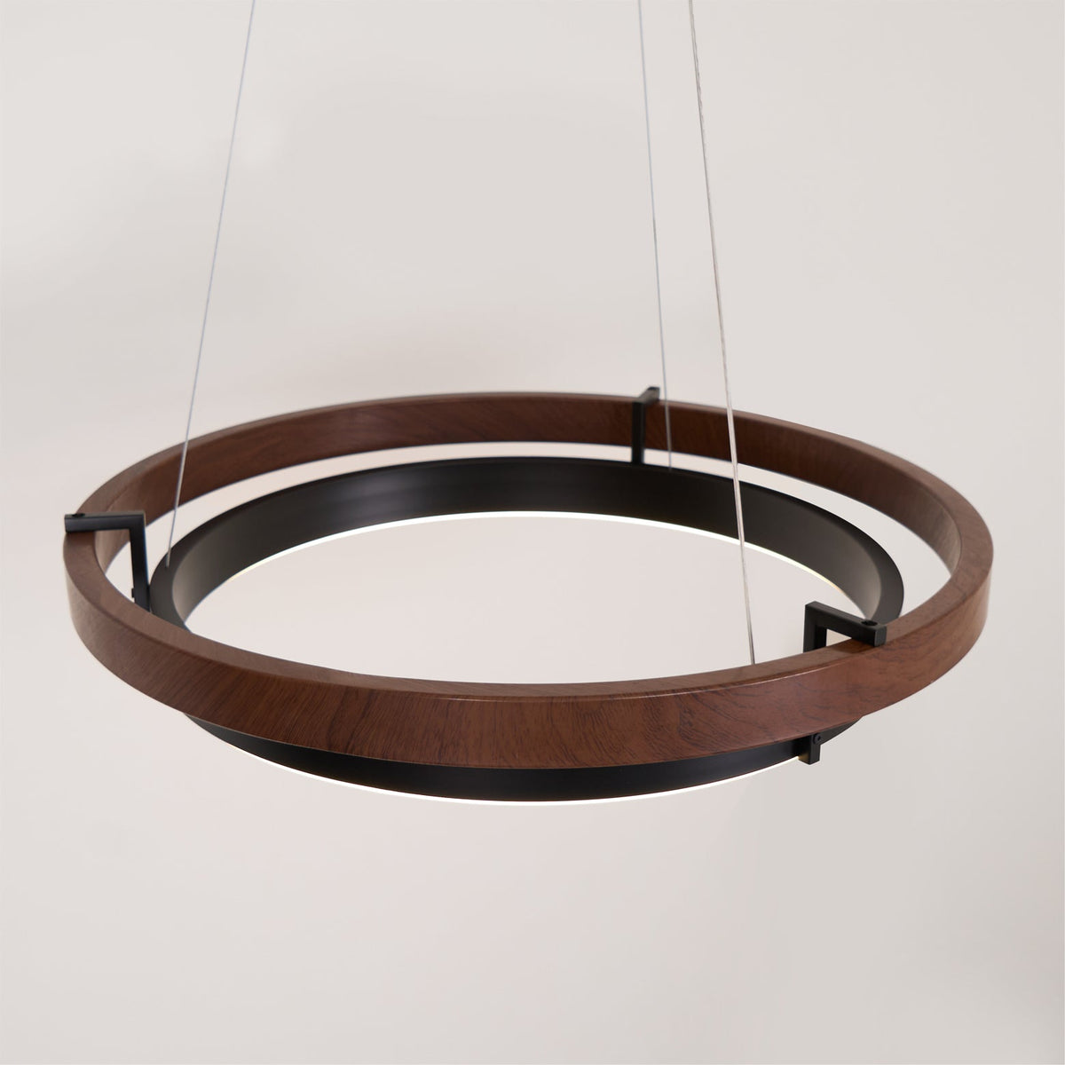 Double Ring LED Chandelier Walnut Finish Integrated Light Dining Room