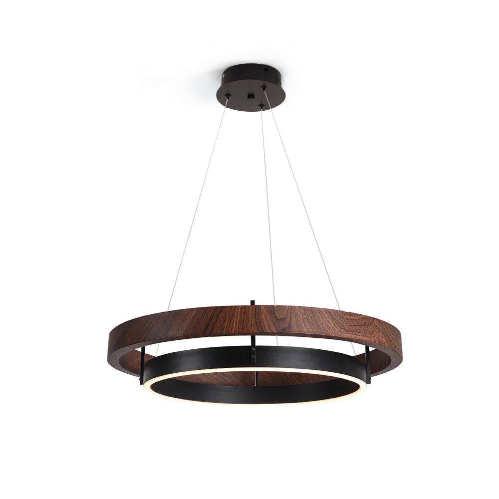 Double Ring LED Chandelier Walnut Finish Integrated Light Dining Room