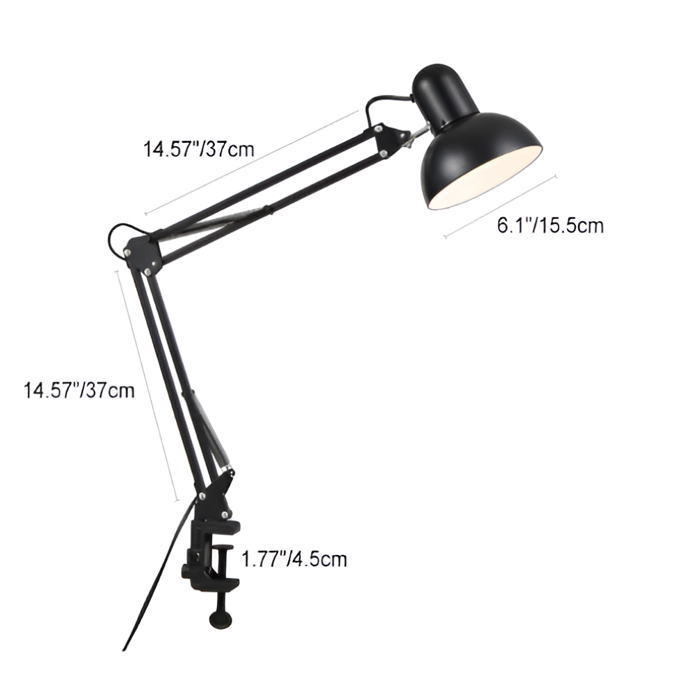 Roterende skrivebordslampe med klemme og dobbeltforbundet arm