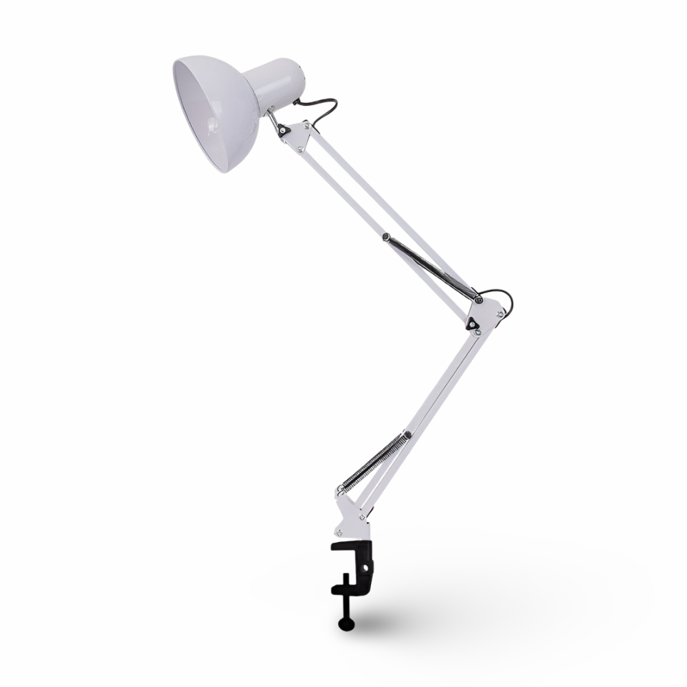 Roterende skrivebordslampe med klemme og dobbeltforbundet arm