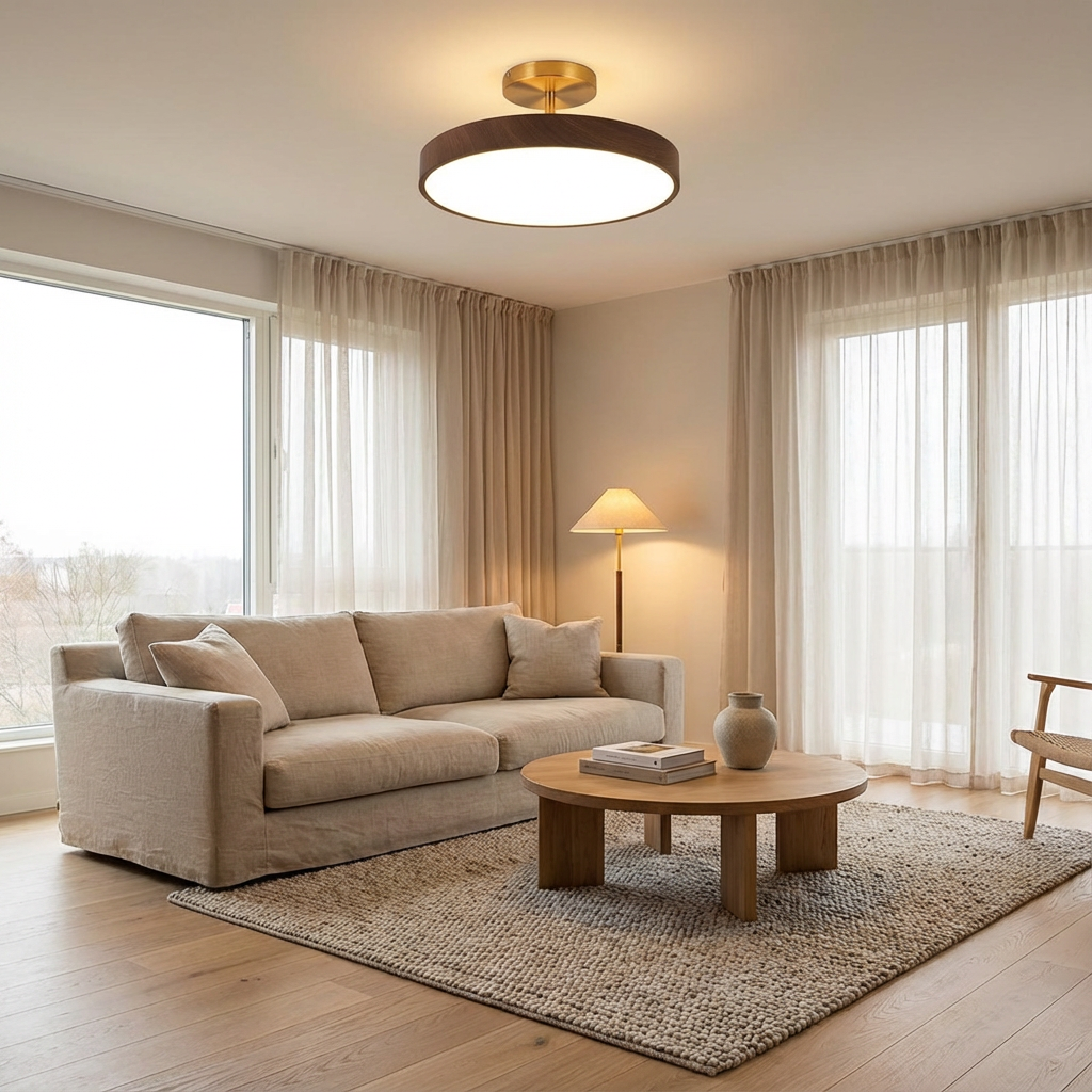 Rund LED-loftlampe i trælook