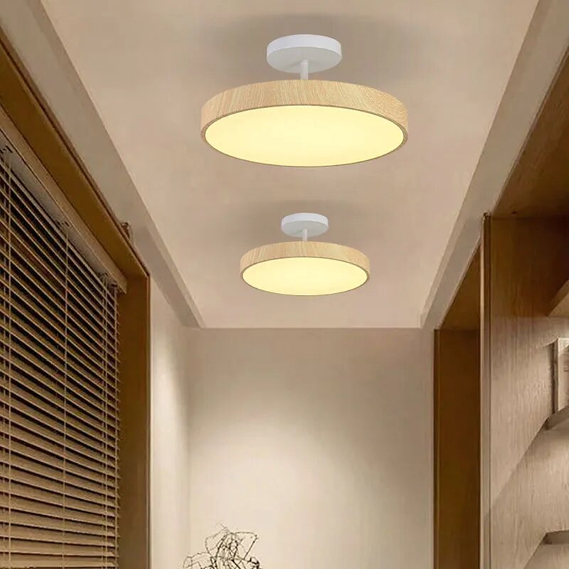 Rund LED loftlampe Trælook skærm med metalophæng
