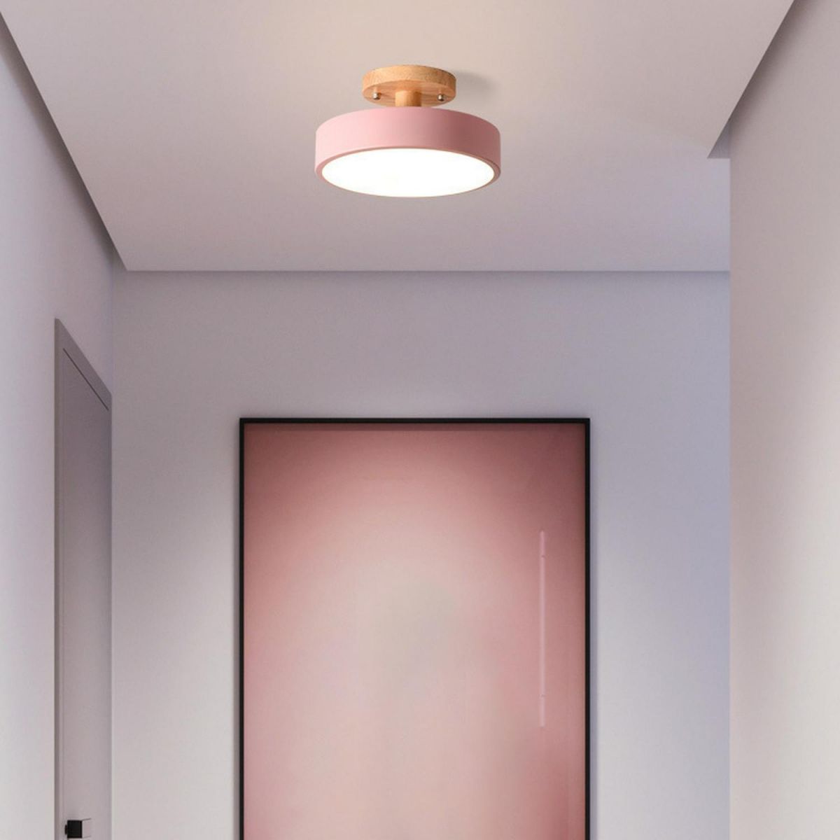 Rund LED loftlampe træ og metal delvist planforsænket
