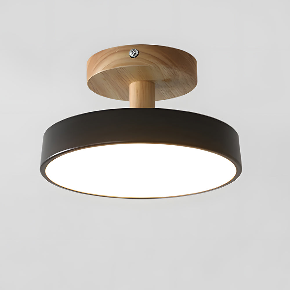 Rund LED loftlampe træ og metal delvist planforsænket