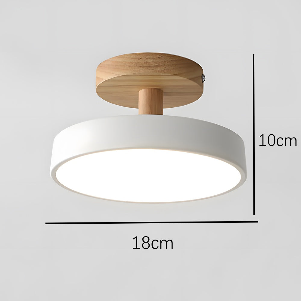 Rund LED loftlampe træ og metal delvist planforsænket
