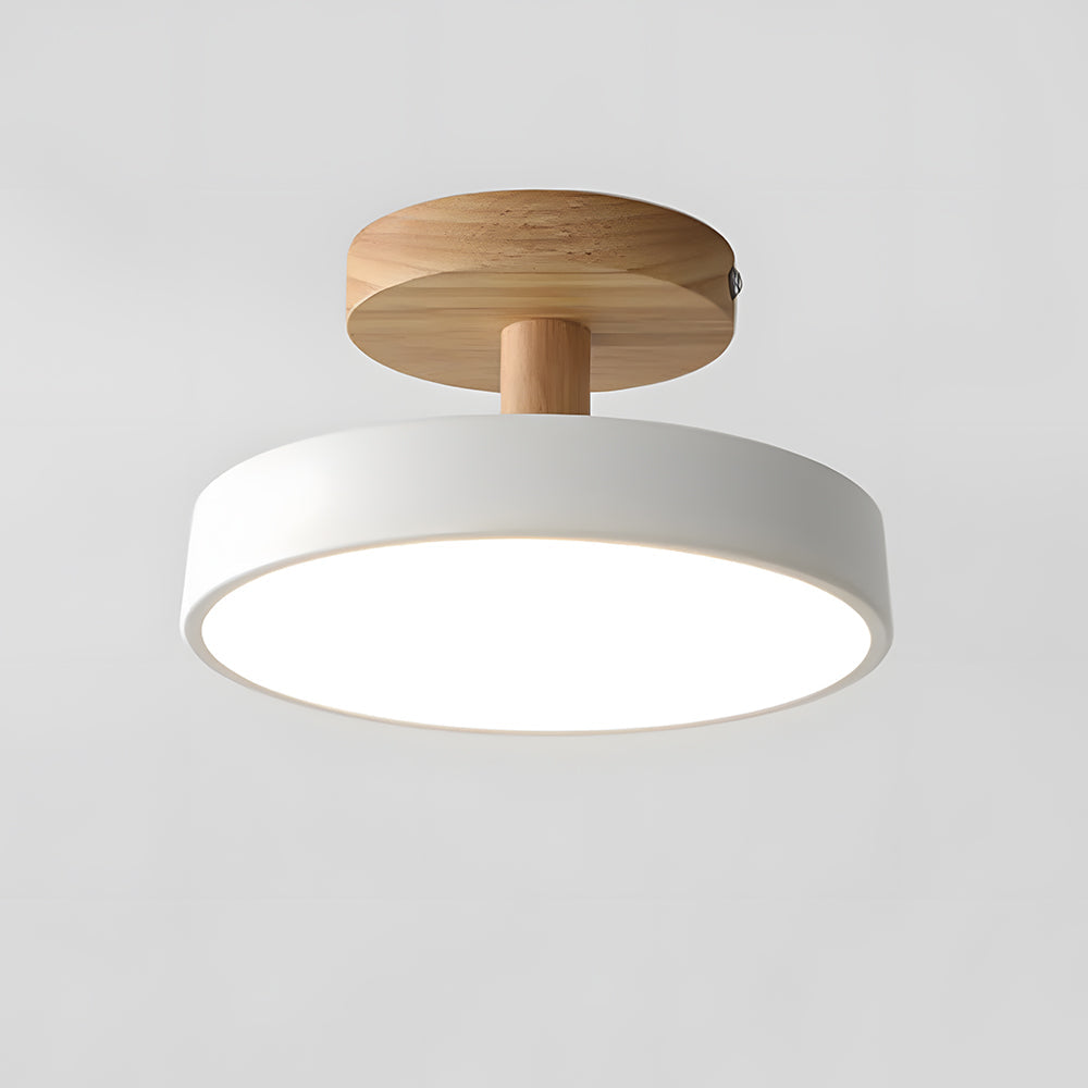 Rund LED loftlampe træ og metal delvist planforsænket