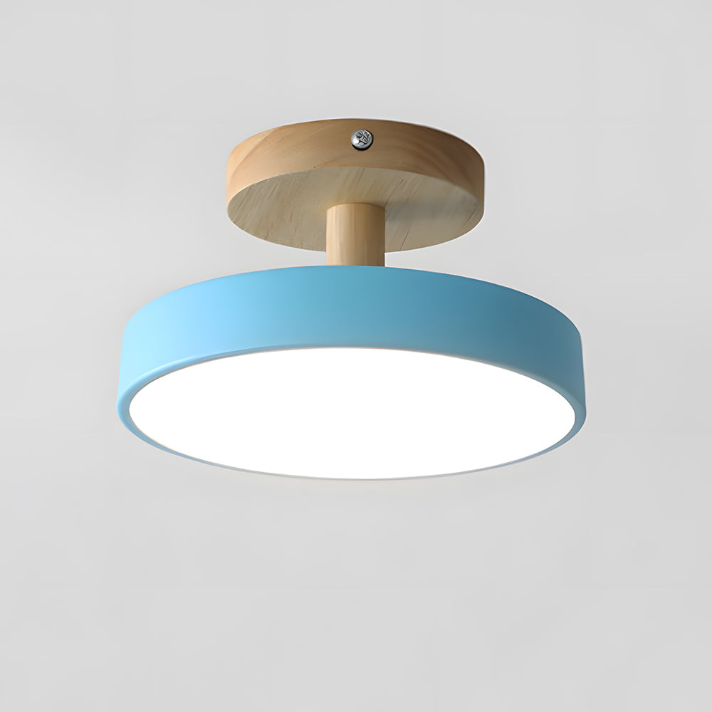Rund LED loftlampe træ og metal delvist planforsænket