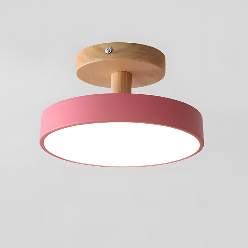 Rund LED loftlampe træ og metal delvist planforsænket