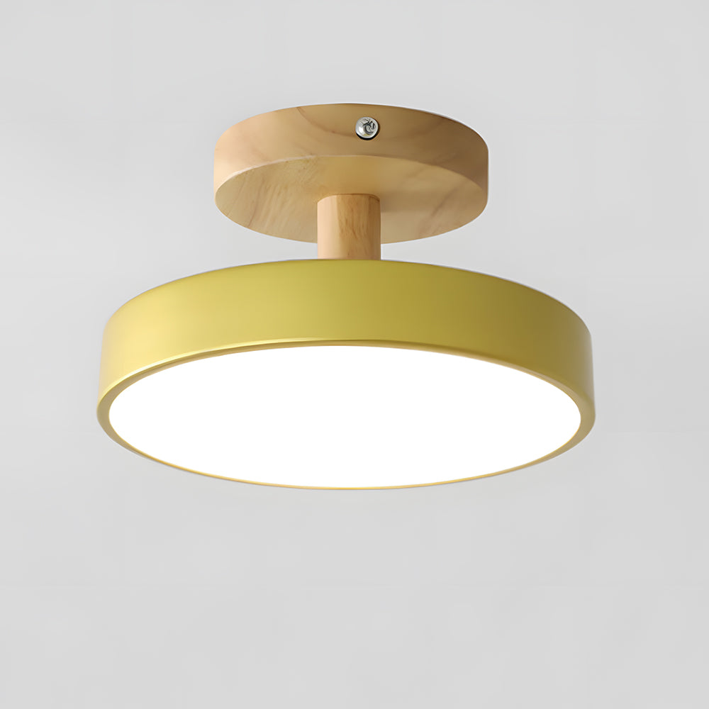 Rund LED loftlampe træ og metal delvist planforsænket