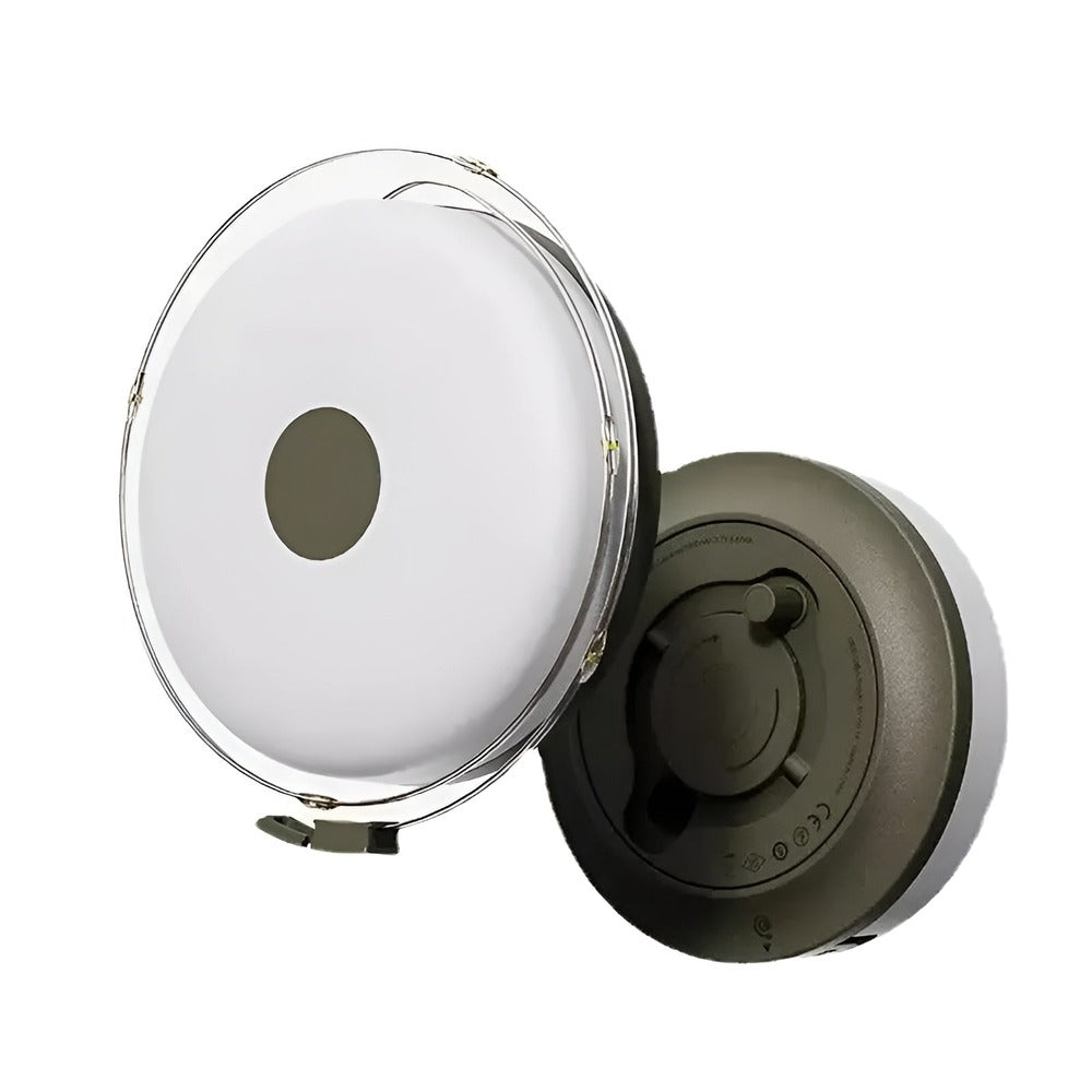 Rund bærbar lampe med flad lysskive og aftagelig base og drejeknap
