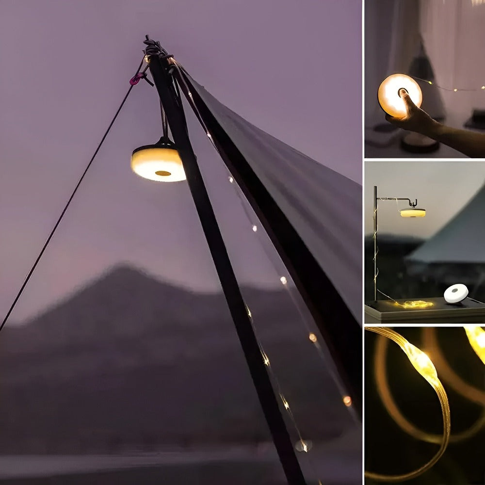 Rund bærbar lampe med flad lysskive og aftagelig base og drejeknap