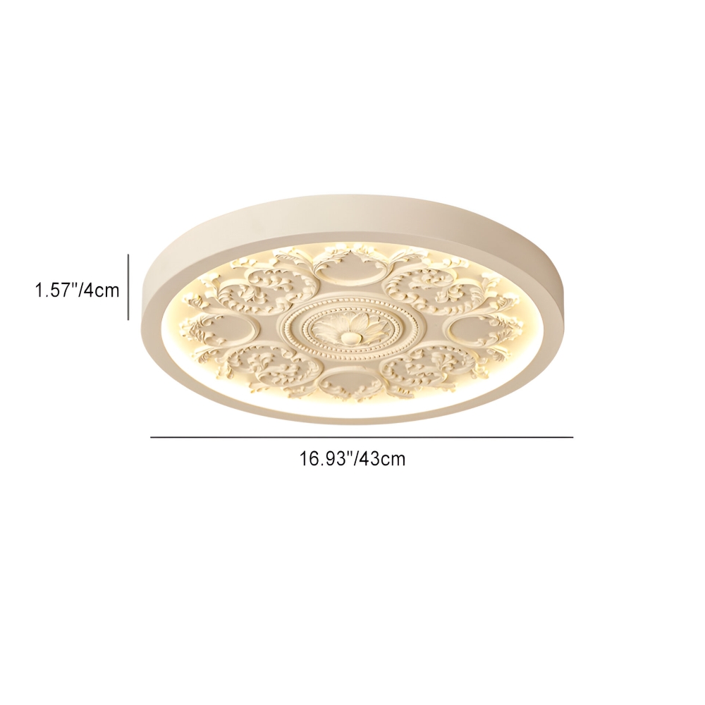 Rund loftslampe i barokstil udskåret relief med blomsterornamentik og træramme