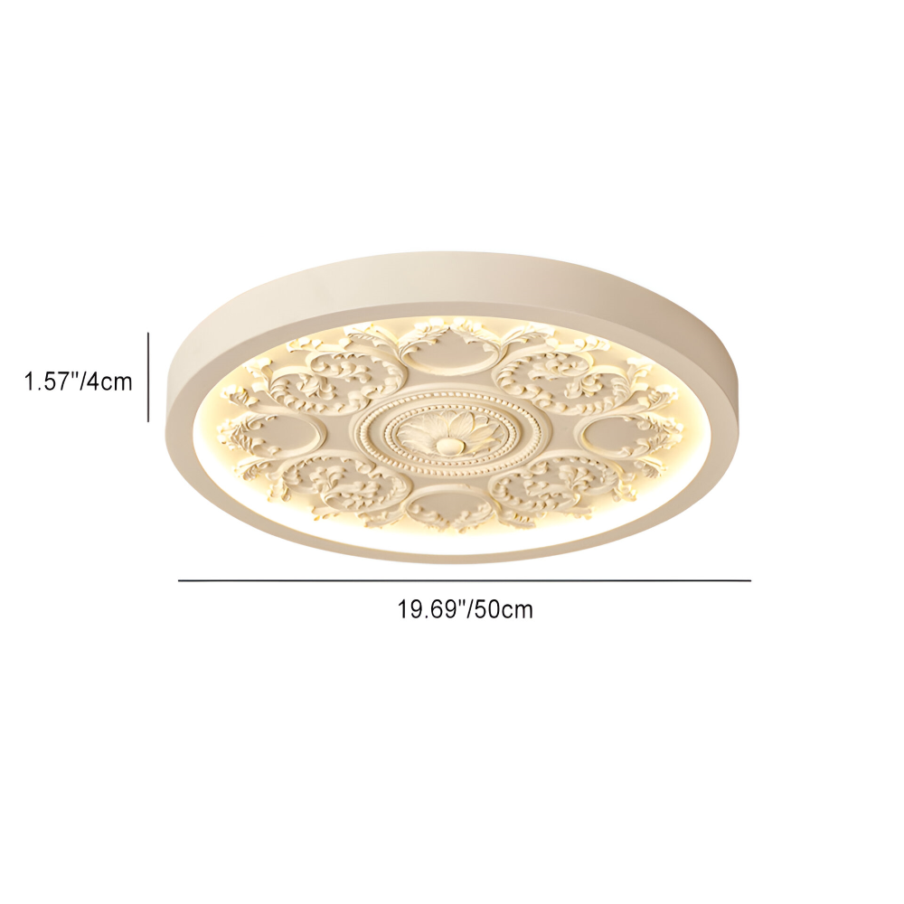 Rund loftslampe i barokstil udskåret relief med blomsterornamentik og træramme